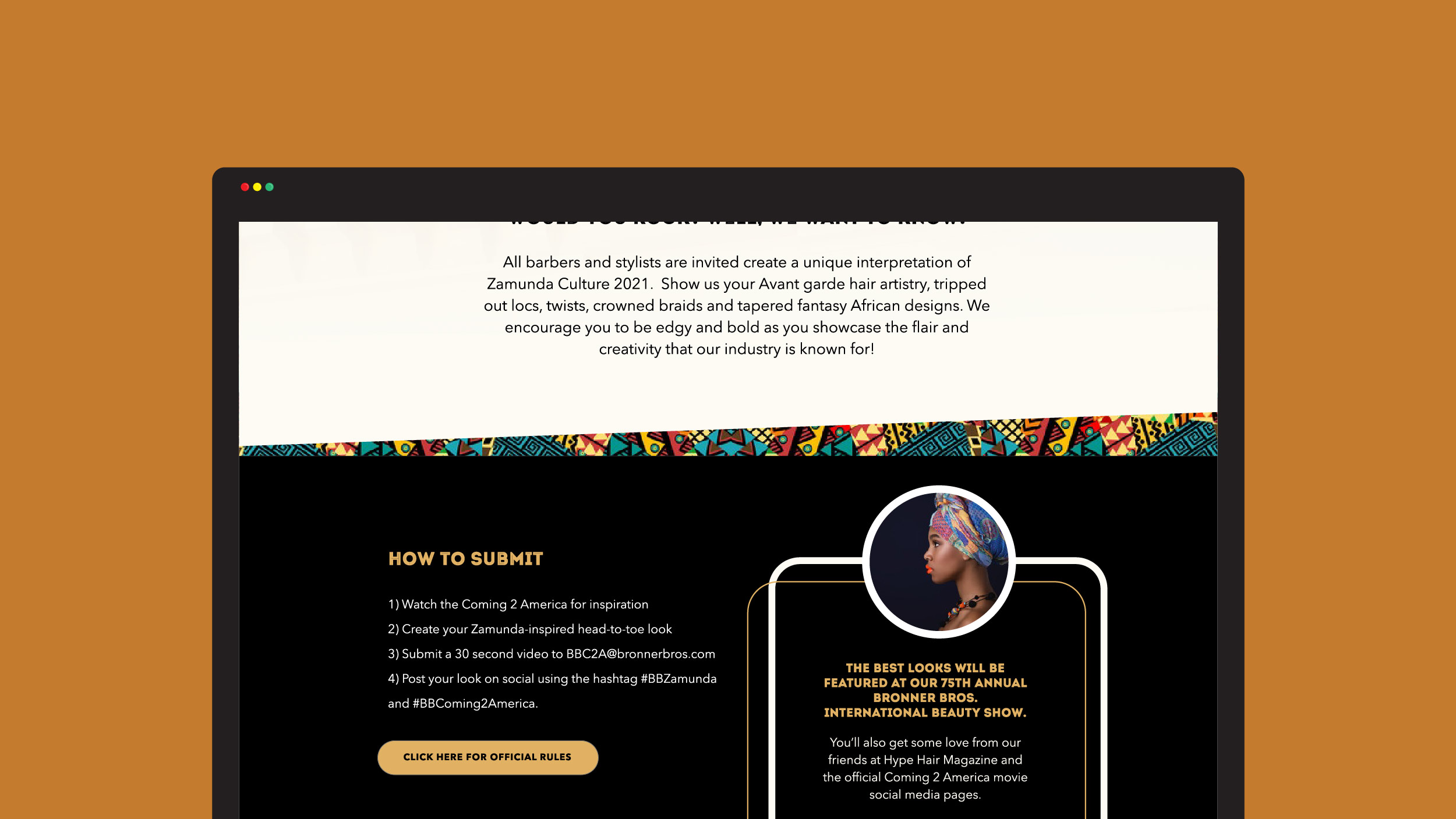 web design for Bronner Brothers Hair Contest, in Partnership with Amazon Studios for the Coming 2 America 2021 movie release